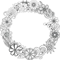 Intricate floral wreath design with organic swirls and decorative elements for coloring and crafts vector