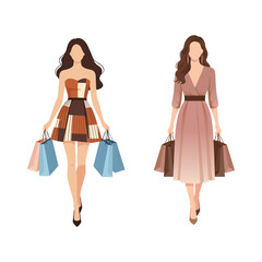 A collection of two elegant and fashionable women in stylish modern dresses walking and carrying several shopping bags after a purchase vector illustration