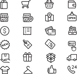 Thin line icon set for shopping ecommerce icon cart basket store shop wallet money sale discount coupon gift box delivery. Pixel perfect icons editable stroke.