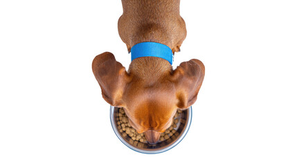 High-angle view of a dachshund eating from a bowl