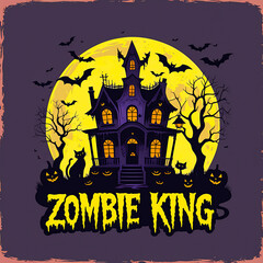 Spooky haunted house with full moon and bats Halloween artwork t-shirt design perfect for horror fans, gothic fashion, and creepy night lovers