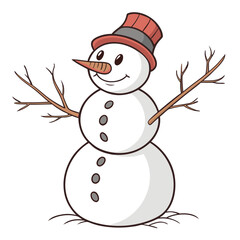 A cheerful cartoon snowman wearing a red striped hat and twig arms on a white background