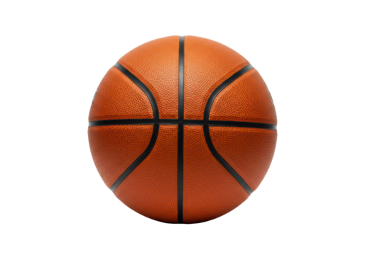 Vibrant orange regulation-size basketball with black lines, pebble-grain surface, centered on seamless transparent background, soft studio lighting, high-angle perspective, business potential concept