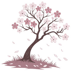 Fototapeta premium Delicate pink cherry blossom tree with falling petals and grass in a simple illustration style