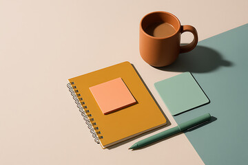Coffee, Notebook, Sticky Note, Coaster, and Pen on Two-Tone Background