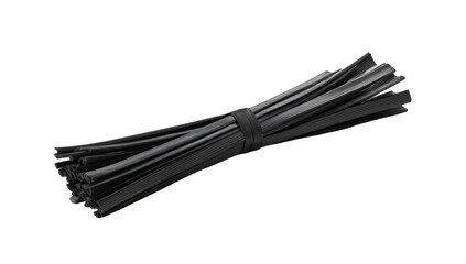 A bundle of numerous thin, black plastic strips, tightly bundled together and tied with a black elastic band