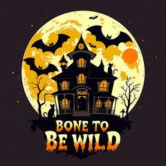 Spooky haunted house with full moon and bats Halloween artwork t-shirt design perfect for horror fans, gothic fashion, and creepy night lovers