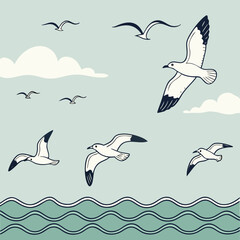 Stylized illustration of seagulls flying over wavy ocean water with scattered clouds in a light blue sky