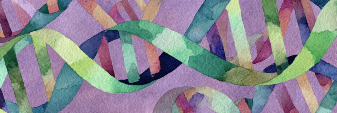 Vibrant watercolor art showcases intertwined DNA strands in green, purple, and pink on a textured purple background, highlighting genetic complexity. - Powered by Adobe