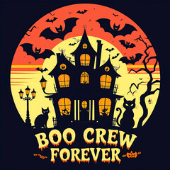 Spooky haunted house with full moon and bats Halloween artwork t-shirt design perfect for horror fans, gothic fashion, and creepy night lovers