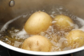 Young potatoes boiling in pot on stove, closeup