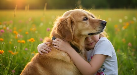 A young girl embracing her golden retriever dog in a field of flowers on a sunny day with golden light