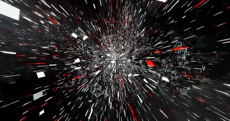 Unfolding sequence causing shard cluster rushing outward through digital void, with red highlights - Powered by Adobe