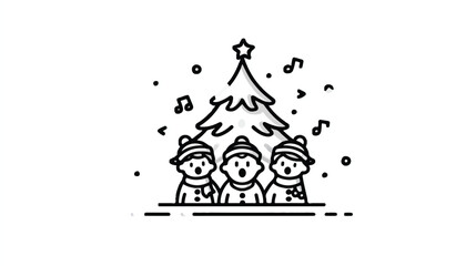 Christmas Carollers with Christmas Tree and Notes Singing Together in Harmony and Celebration