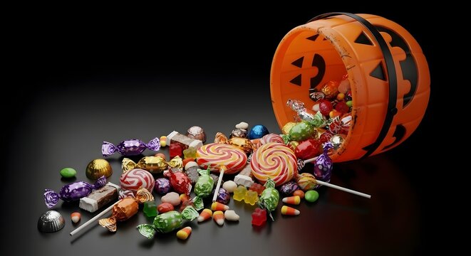 Halloween candy spilling from pumpkin bucket on dark surface, a sweet treat for all