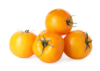 Many ripe yellow tomatoes isolated on white