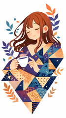 休息をとる女の子。イラスト。デザイン。