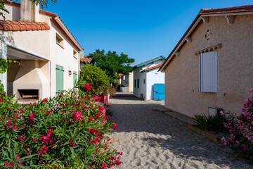 Fototapeta premium Le Racou hamlet houses in Argeles-sur-Mer, or the nook in Catalan, typical place along the Mediterranean coast, sandy paths, tourists destination near Collioure, France