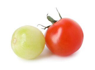 Ripe and unripe cherry tomatoes isolated on white