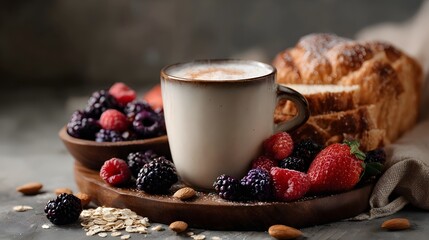 Cozy morning breakfast with a creamy latte fresh mixed berries sliced brioche bread almonds and oats on a rustic wooden tray