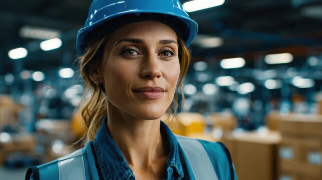Confident female warehouse worker in safety gear amidst a busy distribution center.