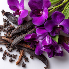 An elegant flat-lay of deep purple orchids resting on whole vanilla pods, with scattered cloves on a white surface. The image conveys natural luxury and aromatic beauty, often associated with perfume 