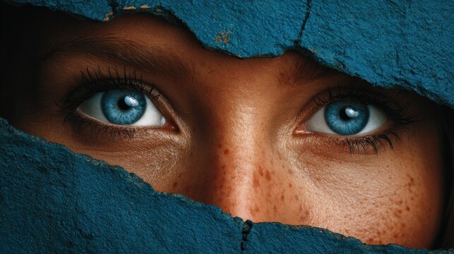 A pair of piercing blue eyes gaze through a textured blue wall, creating an intense and mysterious urban art scene.