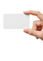 Obraz premium Human hand holding a blank white business card mockup for branding presentation, isolated on white background with copy space