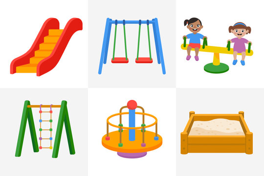 Kids playground activity vector set, slides, swing sets, seesaw, climbing ladder, roundabout, sandbox play area illustrations