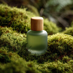 A frosted green glass skincare bottle with a wooden cap rests softly in a lush bed of vibrant moss. The image feels eco-friendly, natural, and calming — perfect for representing organic, sustainable b