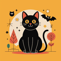Cute Halloween Black Cat with Bat Vector