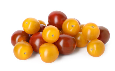 Heap of different ripe juicy tomatoes isolated on white