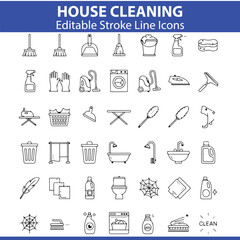 House Cleaning Icons Set – Vector Hygiene, Sanitation, Housekeeping, and Disinfecting Symbols