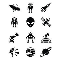Black and white space silhouette bundle with UFO, astronaut, rocket, alien, satellite, laser, robot, dome, planet, and warp tunnel