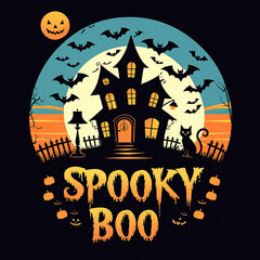 Spooky haunted house with full moon and bats Halloween artwork t-shirt design perfect for horror fans, gothic fashion, and creepy night lovers