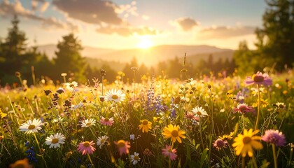 A vibrant meadow of wildflowers bursts with color under a radiant sunset, showcasing a peaceful and cheerful ambiance. © Haza