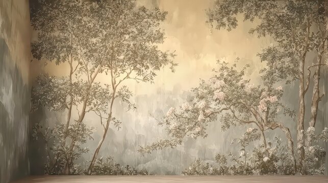 Wall painting with the image of trees and forest. Design for wallpaper, photo wallpaper, frescoes, wall painting and other works.