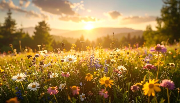 A vibrant meadow of wildflowers bursts with color under a radiant sunset, showcasing a peaceful and cheerful ambiance.