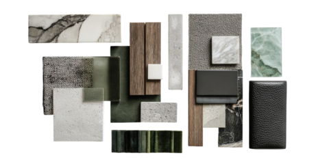Sample tiles and materials in various colors and textures