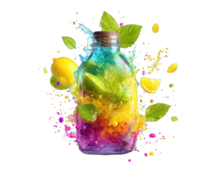Vibrant colorful drink in a glass bottle with splashes and fruit