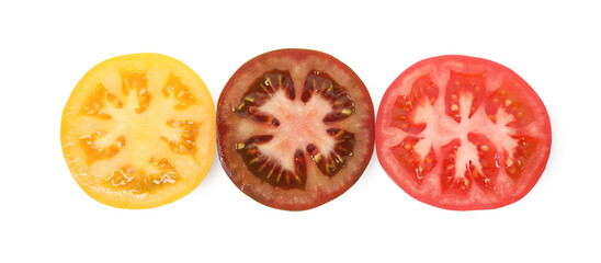 Pieces of different ripe juicy tomatoes isolated on white, top view