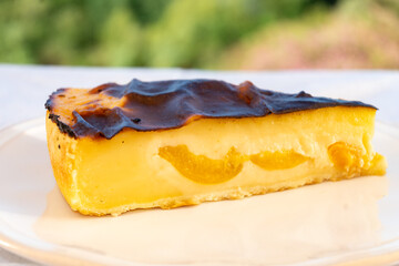 Sweet French dessert fresh cheese cake baked with fresh ripe apricots, served outdoor