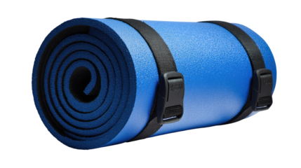 Rolled-up blue foam camping mat with black straps