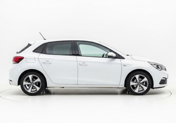 Obraz premium White hatchback car parked in a studio with white background