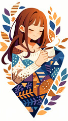 休息をとる女の子。イラスト。デザイン。