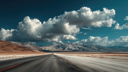 Asphalt road stretches into a vast, arid landscape, under a dramatic sky filled with fluffy clouds.  Mountains rise in the distance