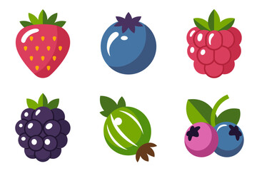 Fresh berries vector illustrations, strawberry blueberry raspberry blackberry currant icons, natural fruit pack, nutritious summer food graphics