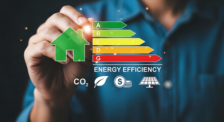 Person holding green house symbol with energy efficiency rating bars