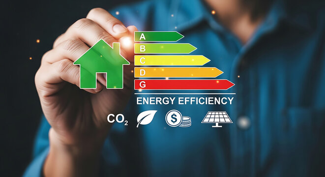 Person holding green house symbol with energy efficiency rating bars