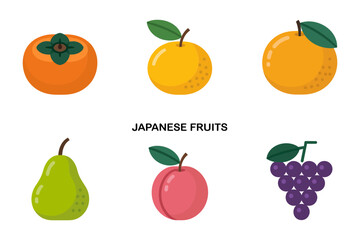 Japanese fruit vector illustrations, persimmon yuzu pear grape apple icons, seasonal produce set, traditional market food graphics